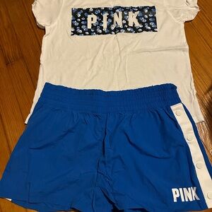PINK Victoria's Secret Blue Shorts and White Tee Set.  Shirt=medium Shorts=large